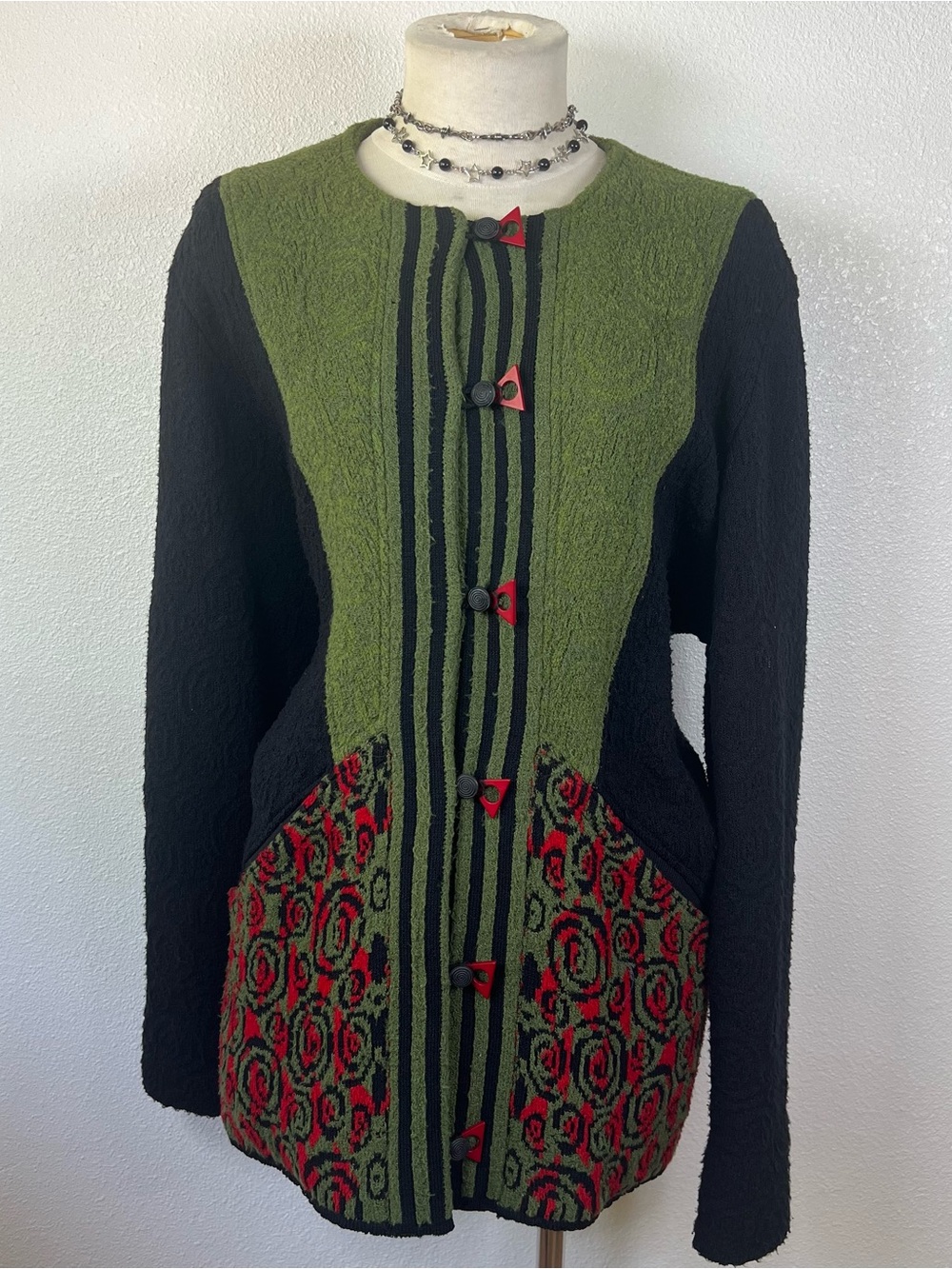 Vintage Green & Black Pocket Knit Cardigan with Red Accents